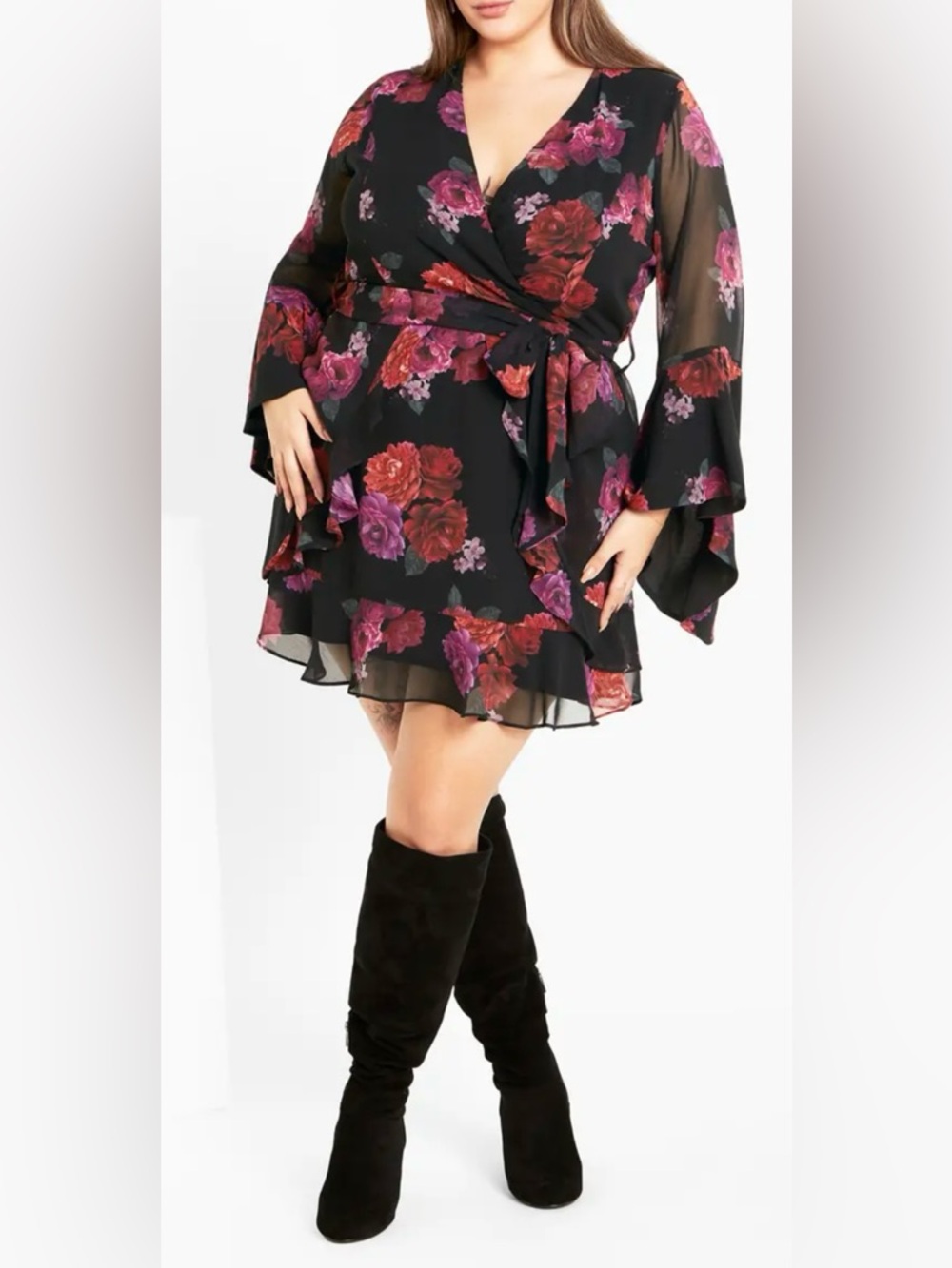 CITY CHIC Emberlynn Floral Boho Chiffon Bell Flowy Sleeves Dress Size XL 22 NEW